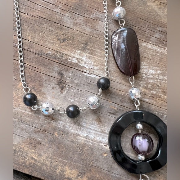Casual 3 Layered Beaded Necklace Black, Purple & Silver - Picture 7 of 7